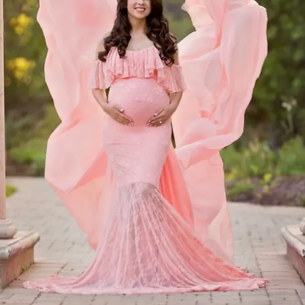 Maternity Lace Ruffle Trailing Short Sleeve Photoshoot Dress - Lukalula.com 