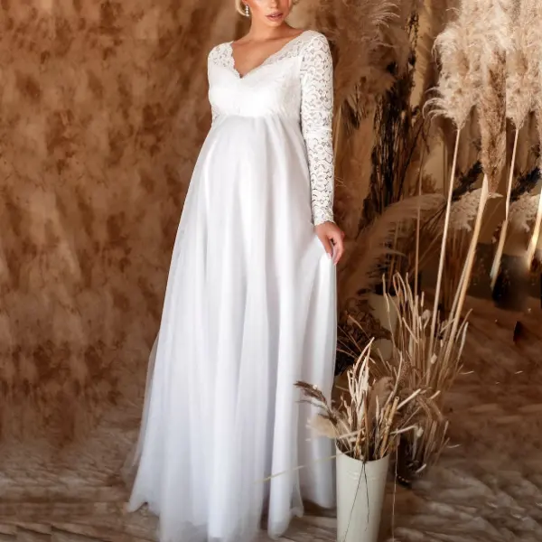 Maternity Long Sleeve Lace Patchwork Photoshoot Dress - Lukalula.com 