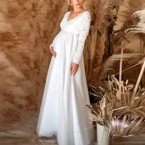 Maternity Long Sleeve Lace Patchwork Photoshoot Dress