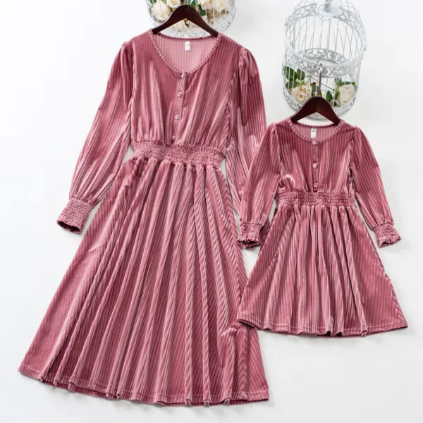 Sweet Pink Velvet Long Sleeve Mom Girl Matching Dress - Popopiearab.com 