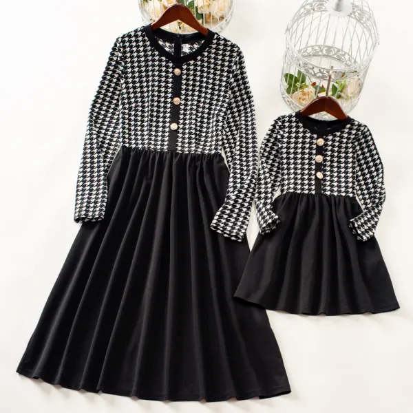 Elegant Black And White Houndstooth Long-sleeved Dress Mom Girl Matching Dress - Popopiearab.com 