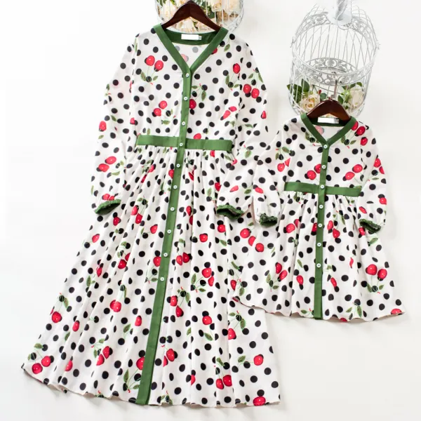Sweet Cherry And Polka Dot Print Long Sleeve Dress Mom Girl Matching Dress - Lukalula.com 
