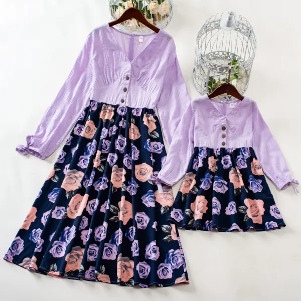 Sweet Flower Print Long Sleeve Purple Dress Mom Girl Matching Dress - Lukalula.com 