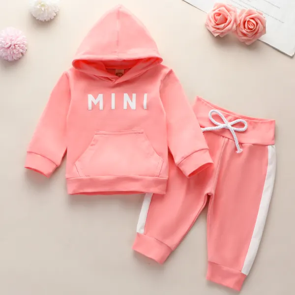 【0M-12M】 2-piece Girl Baby Letter Print Pink Hooded Sweatshirt And Pants Set - Lukalula.com 