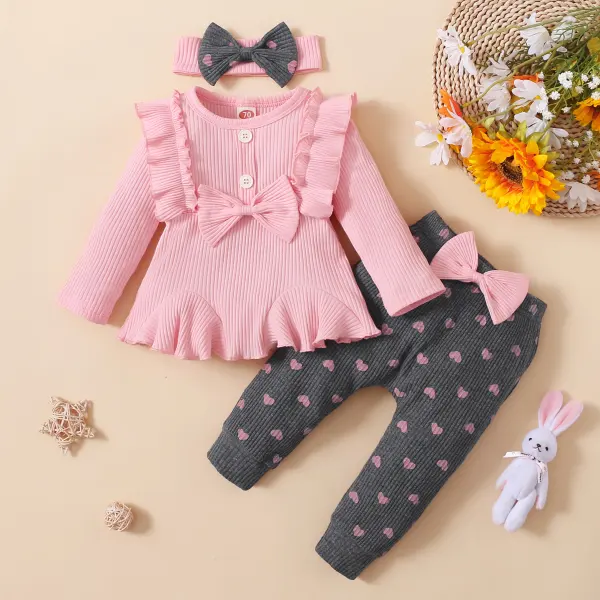 【6M-4Y】 3-piece Girl Sweet Ruffled Pink Top And Heart-shaped Printed Pants Suit With Headband - Popopiearab.com 