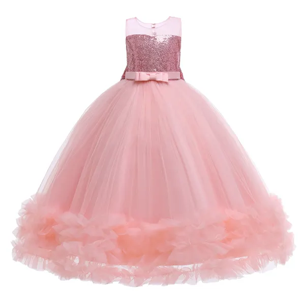 【4Y-15Y】Girl Sequin Bowknot Sleeveless Mesh Princess Dress - Popopiearab.com 