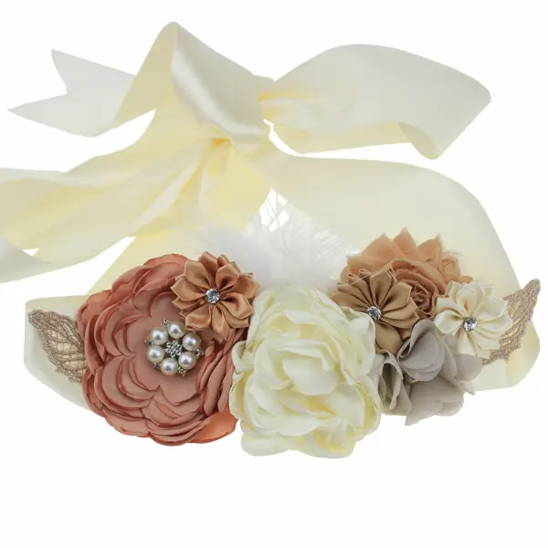 Maternity Lace Flower Feather Rhinestone Wedding Dress Belt - Lukalula.com 