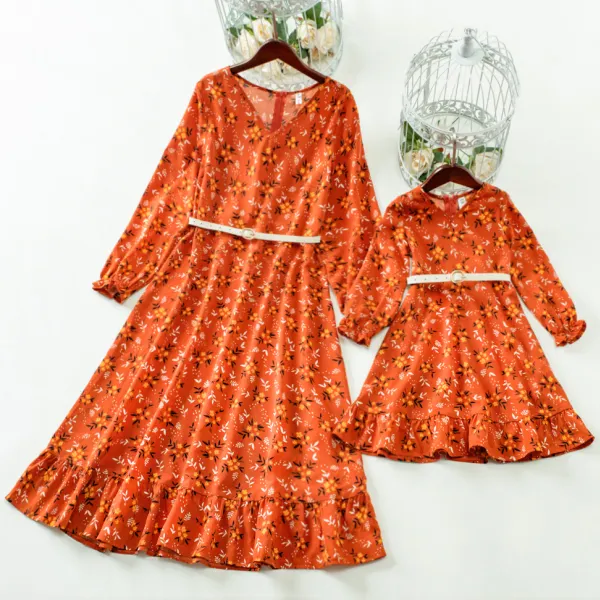 Sweet Brown Flower Print Dress Mom Girl Matching Dress With Belt - Lukalula.com 