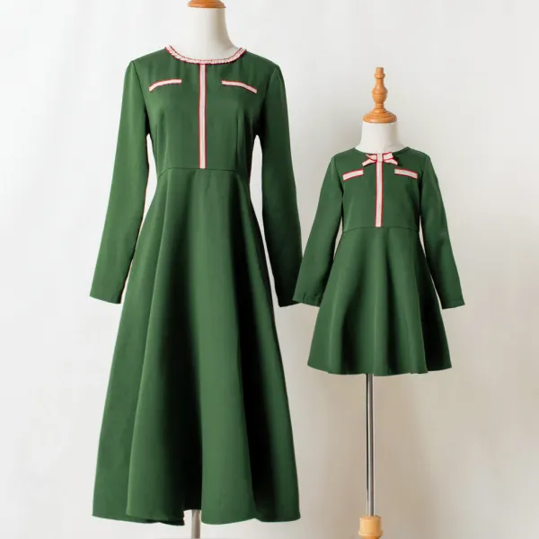 Elegant Golden Ribbon Green Long-sleeved Dress Mom Girl Matching Dress - Lukalula.com 