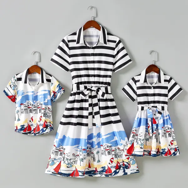 Fashion Striped Beach Pattern Short Sleeves Family Matching Outfits - Lukalula.com 