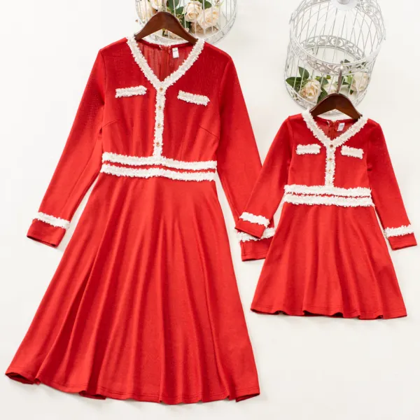 Elegant Gold Ribbon V-neck Red Long Sleeve Dress Mom Girl Matching Dress - Lukalula.com 
