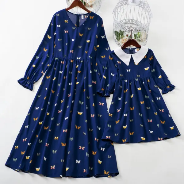 Sweet Navy Blue Butterfly Pattern Long Sleeve Mom Girl Matching Dress - Lukalula.com 
