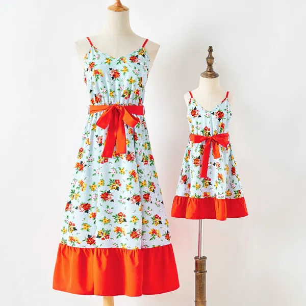 Sweet Flower Print Sling Mom Girl Matching Dress - Lukalula.com 