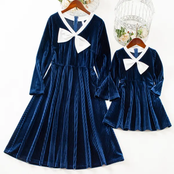Sweet Bowknot Blue Velvet Dress Mom Girl Matching Dress - Lukalula.com 
