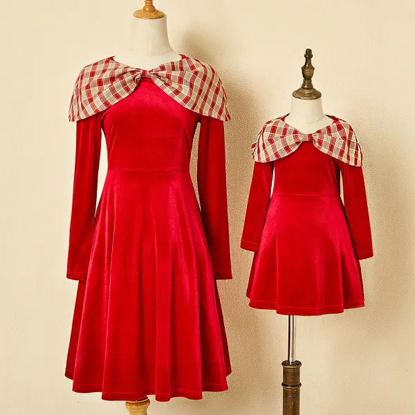Mom And Girl Plaid Shawl Red Velvet Matching Dress - Lukalula.com 