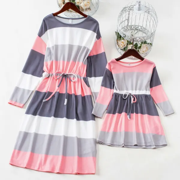 Sweet Striped Long Sleeve Mom Girl Matching Dress - Lukalula.com 
