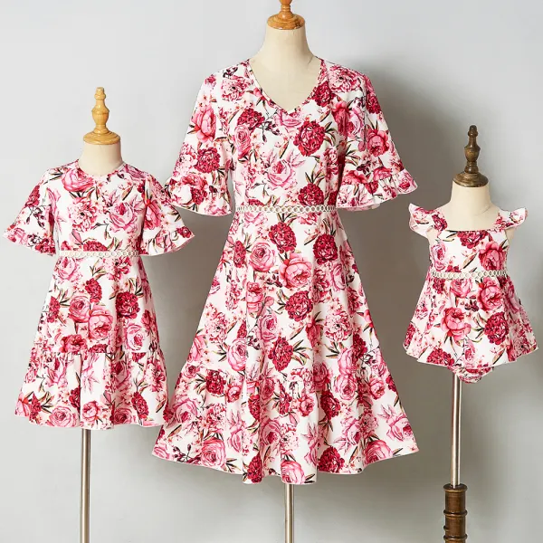 Sweet Pink Flowers Short Sleeve Mom Girl Matching Dress - Lukalula.com 