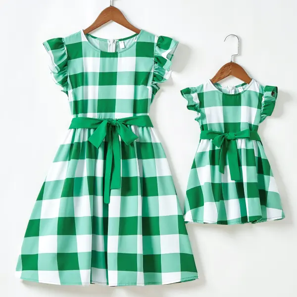 Sweet Green Plaid Short Sleeve Mom Girl Matching Dress - Lukalula.com 