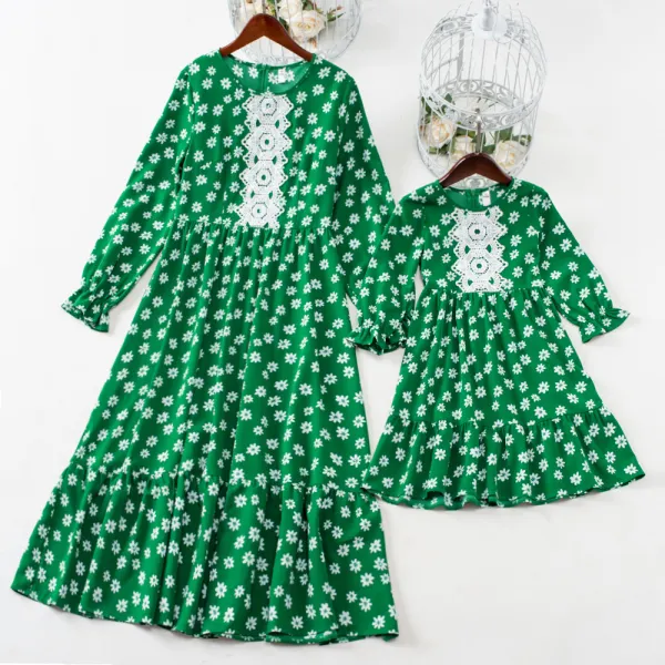 Sweet Green Floral Long Sleeve Mom Girl Matching Dress - Lukalula.com 