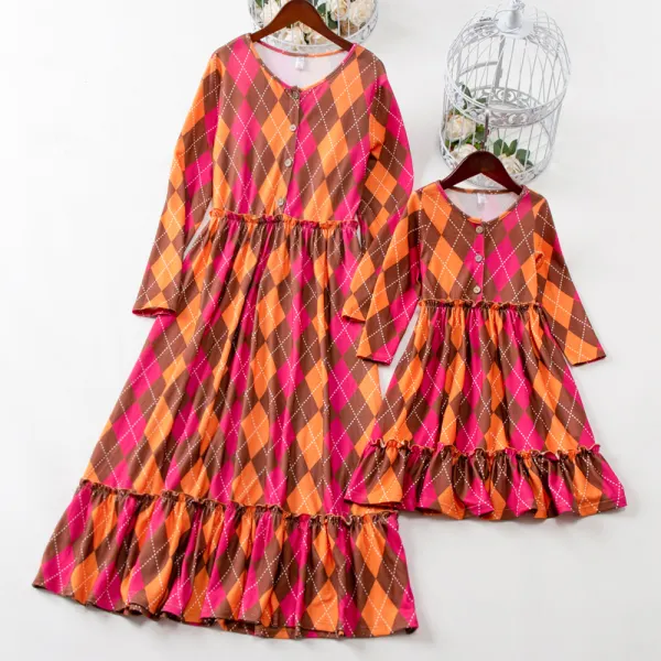 Sweet Orange Plaid Long Sleeve Mom Girl Matching Dress - Lukalula.com 