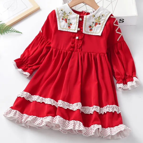 【18M-7Y】Girl Red Embroidered Bow Long Sleeve Dress - Lukalula.com 