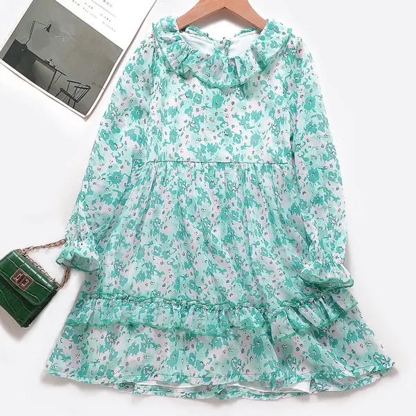 【4Y-13Y】Girls Chiffon Floral Long Sleeve Dress - Popopiearab.com 