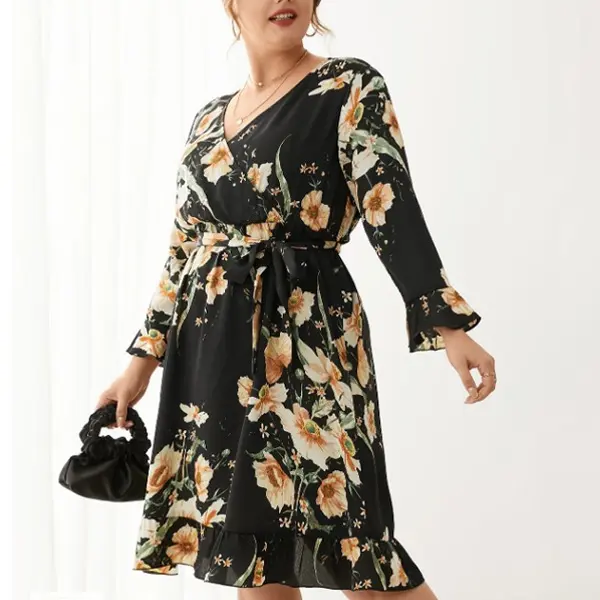 Maternity Floral Ruffled Long-sleeved Dress - Lukalula.com 