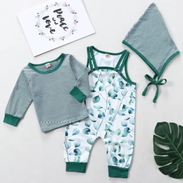 【0M-18M】3-piece Baby Cute Striped Top And Leafy Suspender Pants With Hat Set - Popopiearab.com 