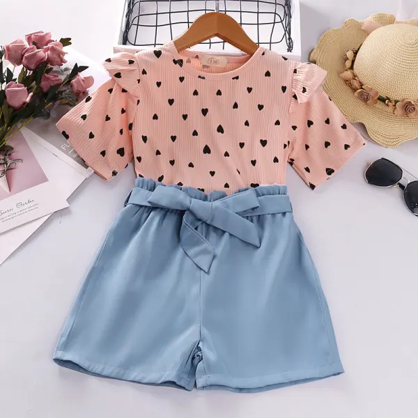 【4Y-13Y】 2-piece Girls Cute Heart Shape Print Pink T-shirt And Blue Denim Shorts Set - Popopiearab.com 