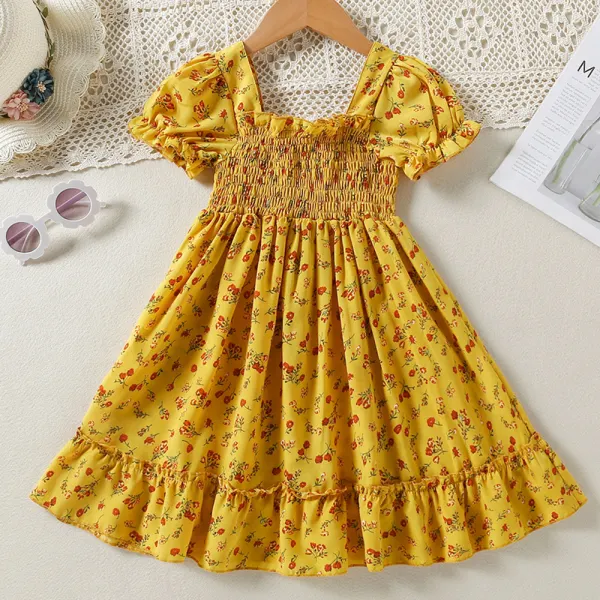 【18M-7Y】Girls Yellow Floral Short Sleeve Dress - Popopiearab.com 