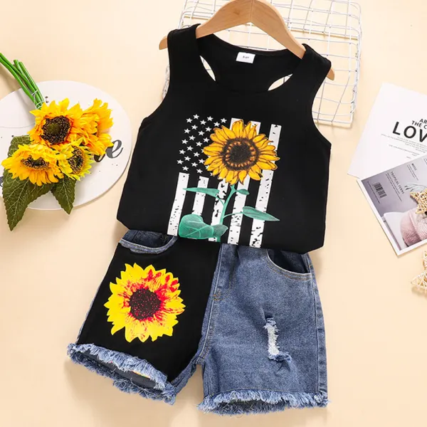 【18M-6Y】2-Piece Girls Sunflower Print Vest And Denim Shorts Set - Popopiearab.com 