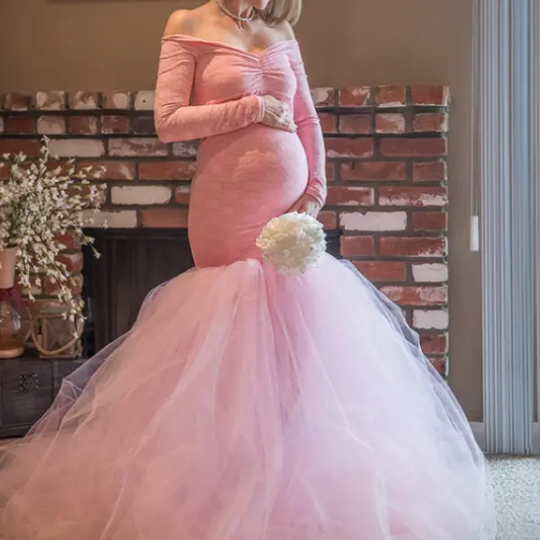 Maternity One Shoulder Stitching Mesh Photoshoot Dress - Lukalula.com 