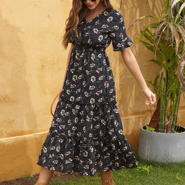 Maternity Floral Dress V Neck Short Sleeve Long Maxi Dress - Lukalula.com 
