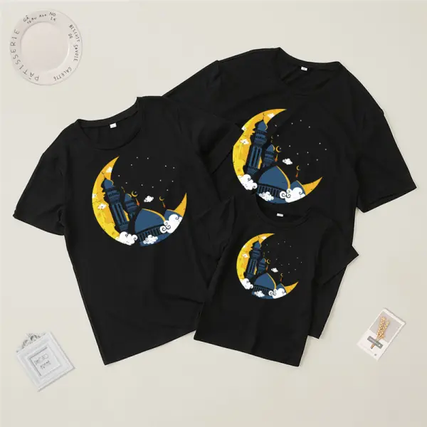 Casual Ramadan Star Moon Print Round Neck Short Sleeve Family Matching T-shirt - Popopiearab.com 