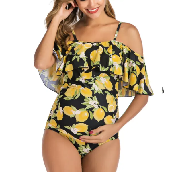 Maternity Ruffle Lemon Printed Swimsuit - Lukalula.com 