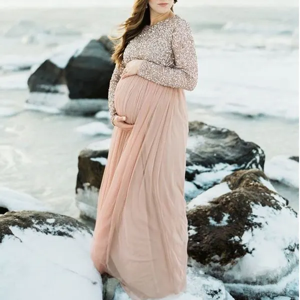 Maternity Long Sleeve Party Dress Gown Sequins Baby Shower Photoshoot Dress 