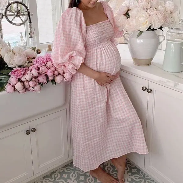 Maternity Plaid Cotton Linen Maxi Dress - Lukalula.com 