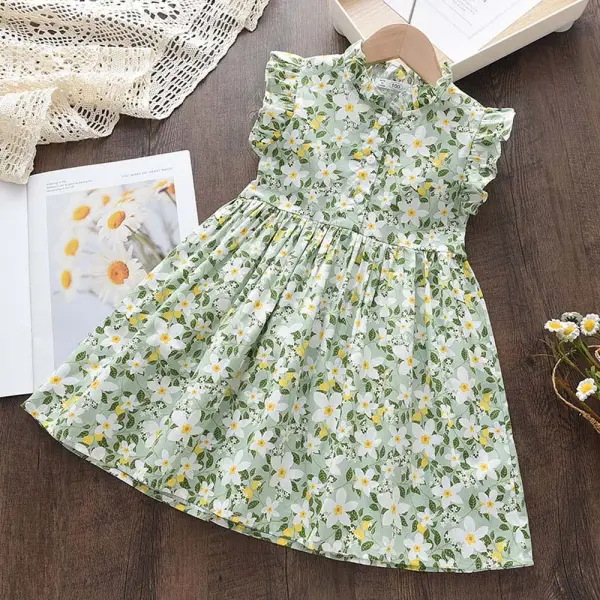【18M-7Y】Girls Green Floral Short Sleeve Dress - Popopiearab.com 