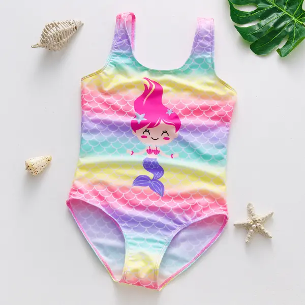 【2Y-9Y】Girls Colorful Mermaid Print Swimsuit - Popopiearab.com 