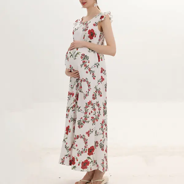 Maternity V-neck White Floral Print Maxi Dress - Lukalula.com 