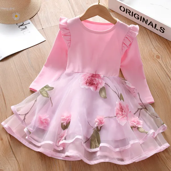【18M-7Y】Girl's Sweet Pink Flower Mesh Long-sleeved Dress - Lukalula.com 