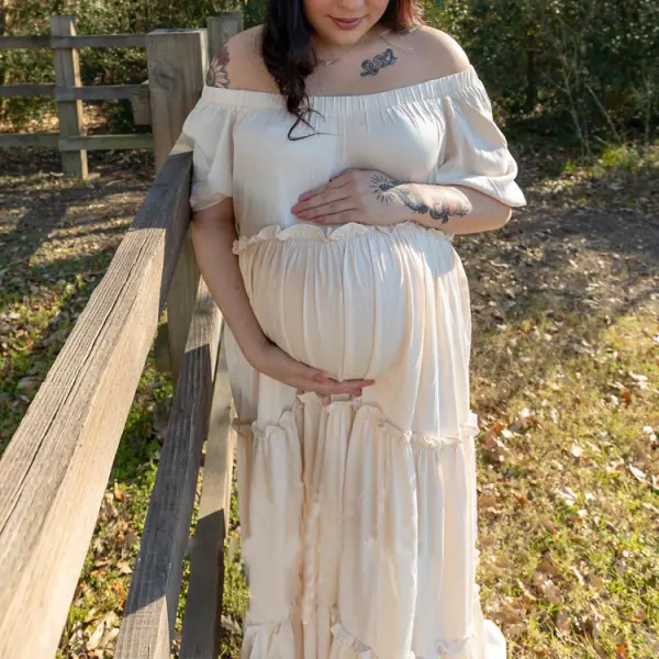 Maternity White Off-shoulder Ruffled Photoshoot Dress - Lukalula.com 