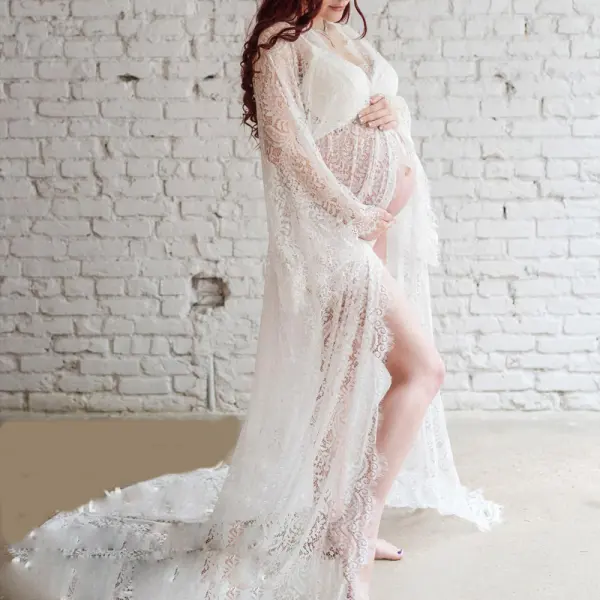 Maternity White Lace Long Photoshoot Dress - Lukalula.com 