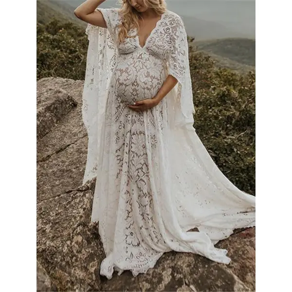 Floral Lace Long Sleeve Trumpet Maternity Photoshoot Gown