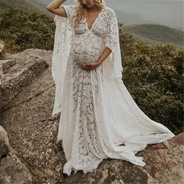 Maternity Loose Lace Long Sleeve Maxi photoshoot Gowns Dress 
