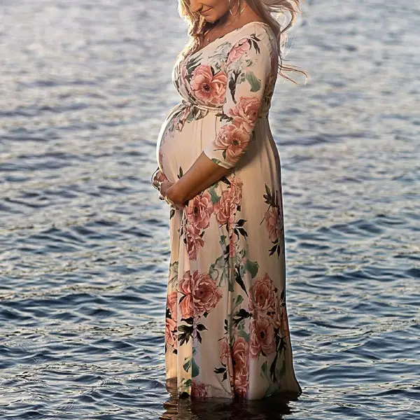 Maternity Floral Printed Long Sleeve Photoshoot Dress - Lukalula.com 