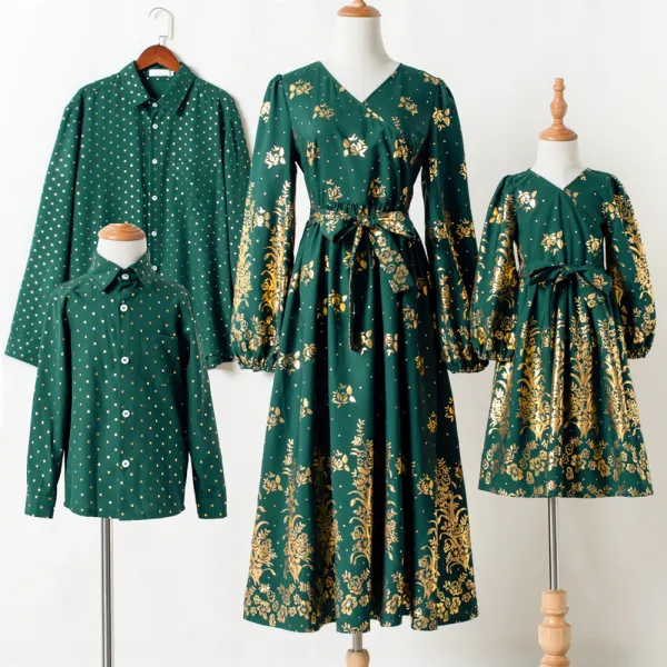 Casual Green Polka Dot Floral Long Sleeve Family Matching Outfits - Lukalula.com 