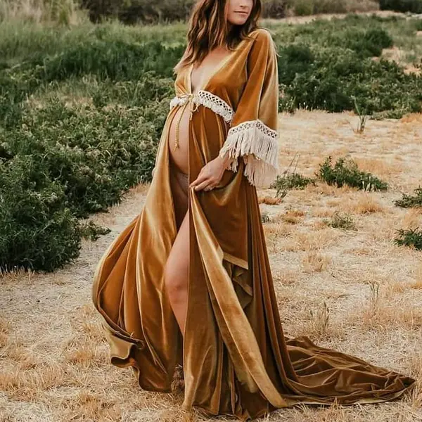 Maternity Velvet Fringed Long Sleeve Photoshoot Dress - Lukalula.com 
