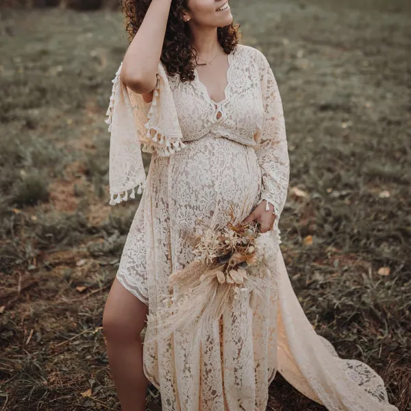 Maternity White Lace VNeck Sheer Tulle Photoshoot Dress(Dress Only