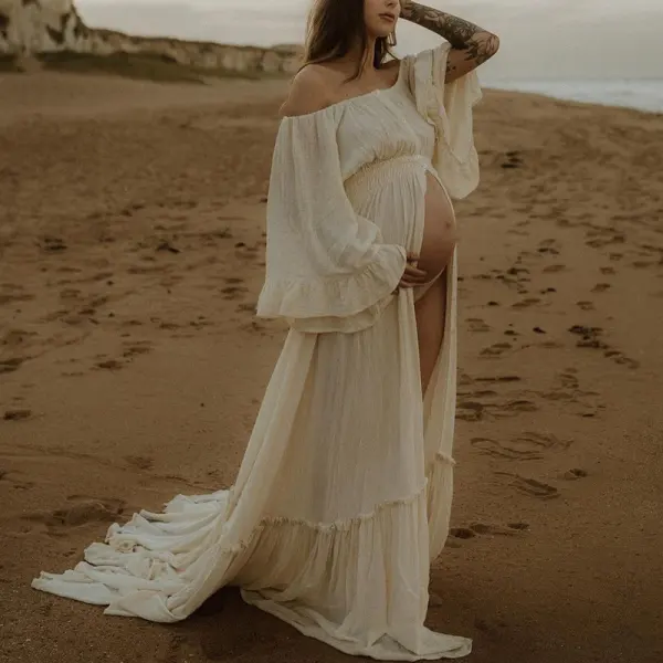 Maternity Ruffled Off-Shoulder White Button Split Photoshoot Dress - Lukalula.com 